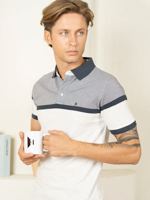 Supremely Soft 100% Premium Cotton Engineered Stripe Polo T-Shirt - White/Grey