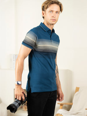 Supremely Soft 100% Premium Cotton Engineered Stripe Polo T-Shirt - Blue/Grey