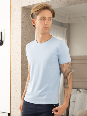 100% Pima Cotton Round Neck Sky Blue T-Shirt